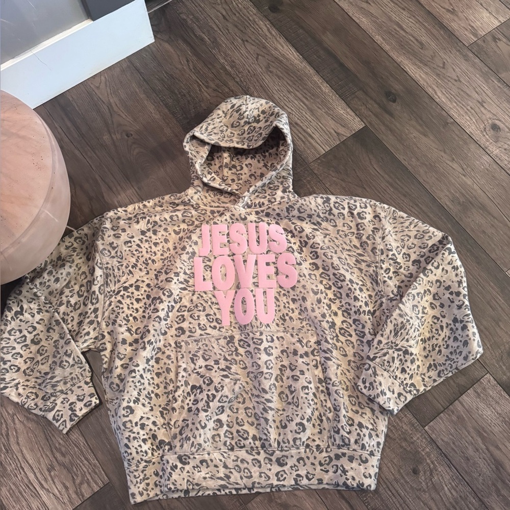 Hollister Leopard Print Hoodie with Pink Text